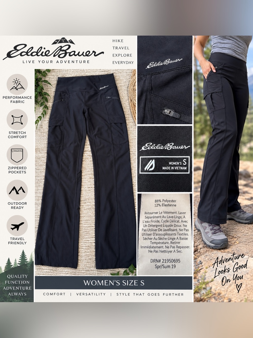 Eddie Bauer Women’s Small Black Stretch Cargo Hiking Pants Zipper Pockets